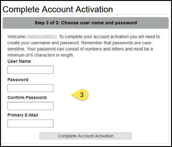 Screenshot of choosing a user name and password web page.