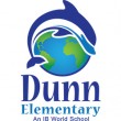 Dunn Elementary logo of a dolphin jumping over the world 