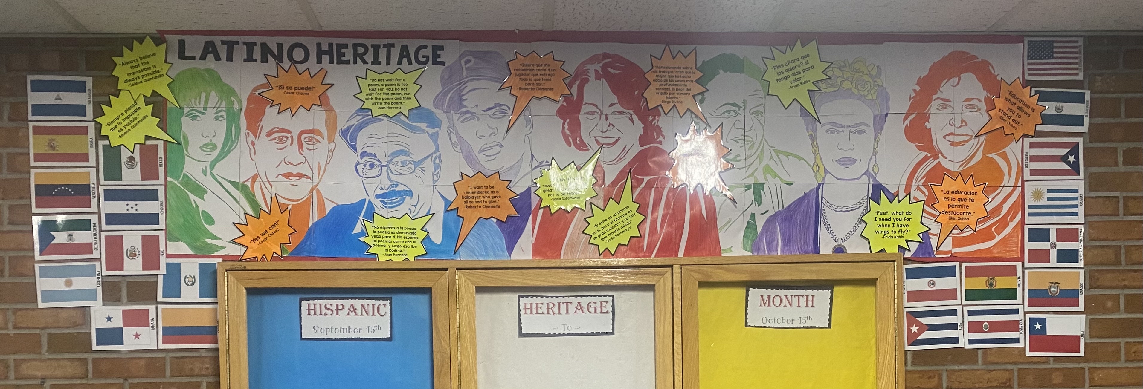 Hispanic Heritage Month banner at Boltz Middle School, featuring famous people and quotes from them.