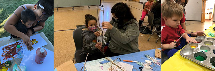 Collage of pics of preschoolers and parents doing activities like painting.
