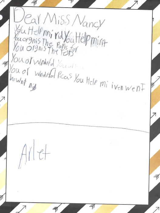 A thank-you letter from an Irish Elementary student to Hazelrigg.