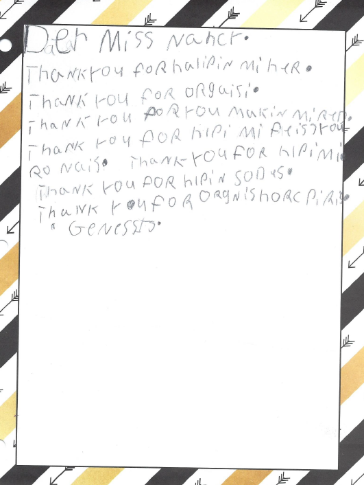 A thank-you letter from an Irish Elementary student to Hazelrigg.