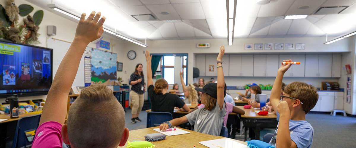 Students with hands raised in a classroom. 