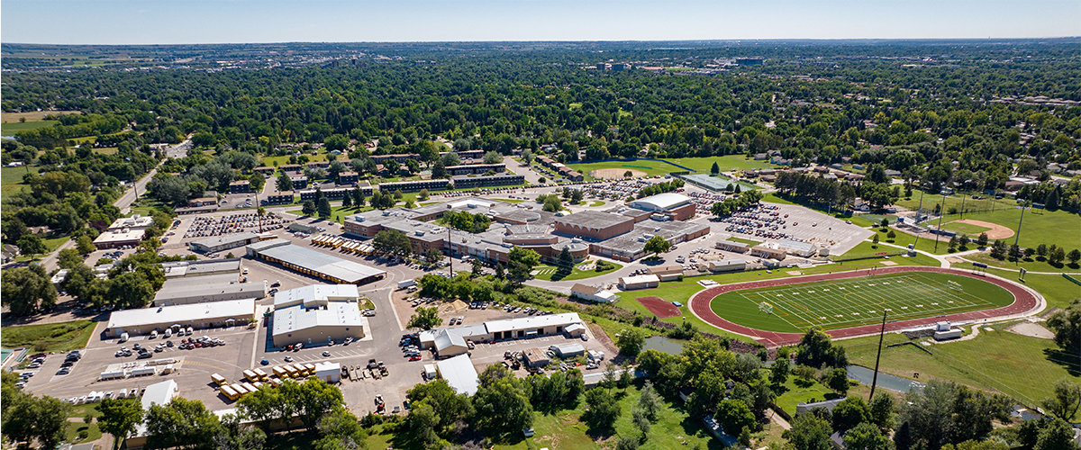 Drone shot of Poudre High School and Johannsen Support Services Complex