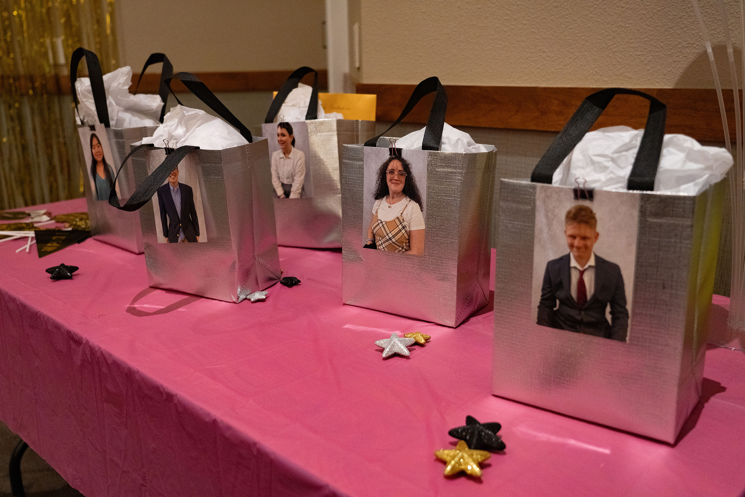 Project SEARCH graduates' gift bags on a table. 