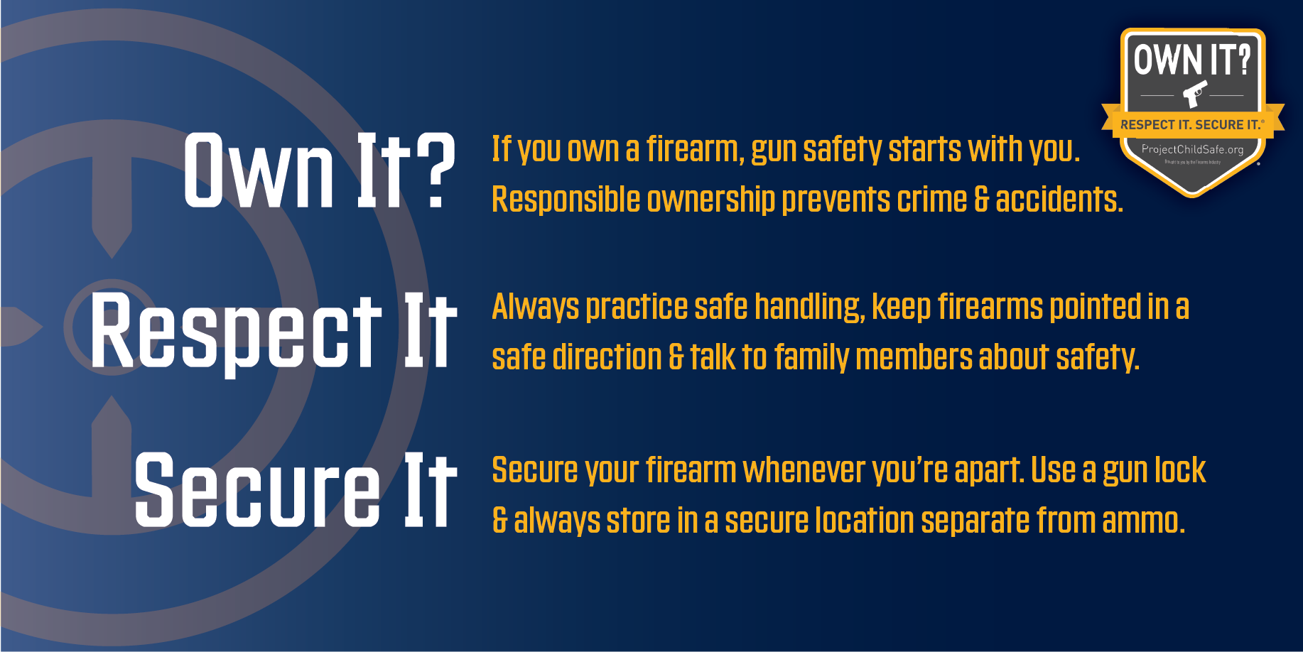 Own it, respect it, secure it prompt for gun safety and keeping kids safe.