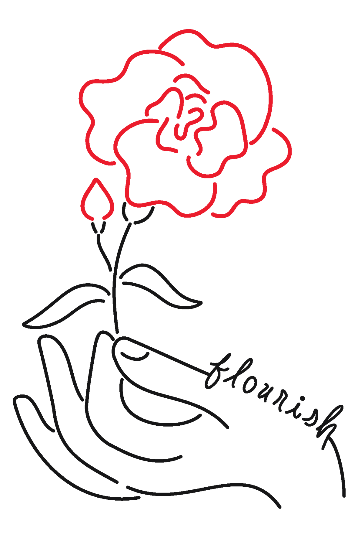 Drawing of a hand holding a rose with the word "flourish."