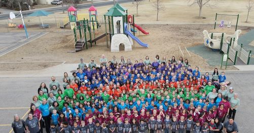 Drone shot of Lopez Elementary school community standing outside. 