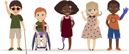 Animated drawing of children with physical assistive devices.
