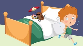 An animated boy with bed bugs.