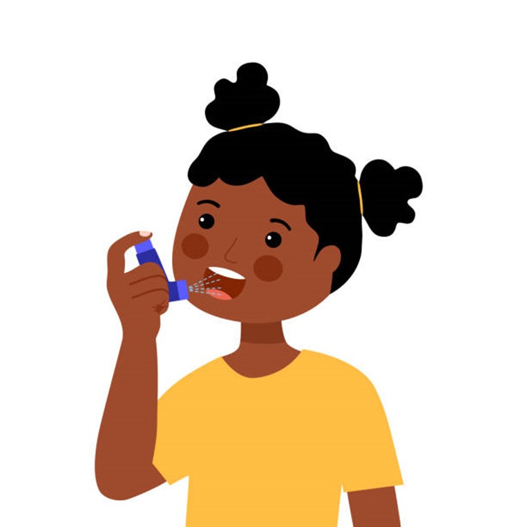A drawing of young girl using an inhaler.