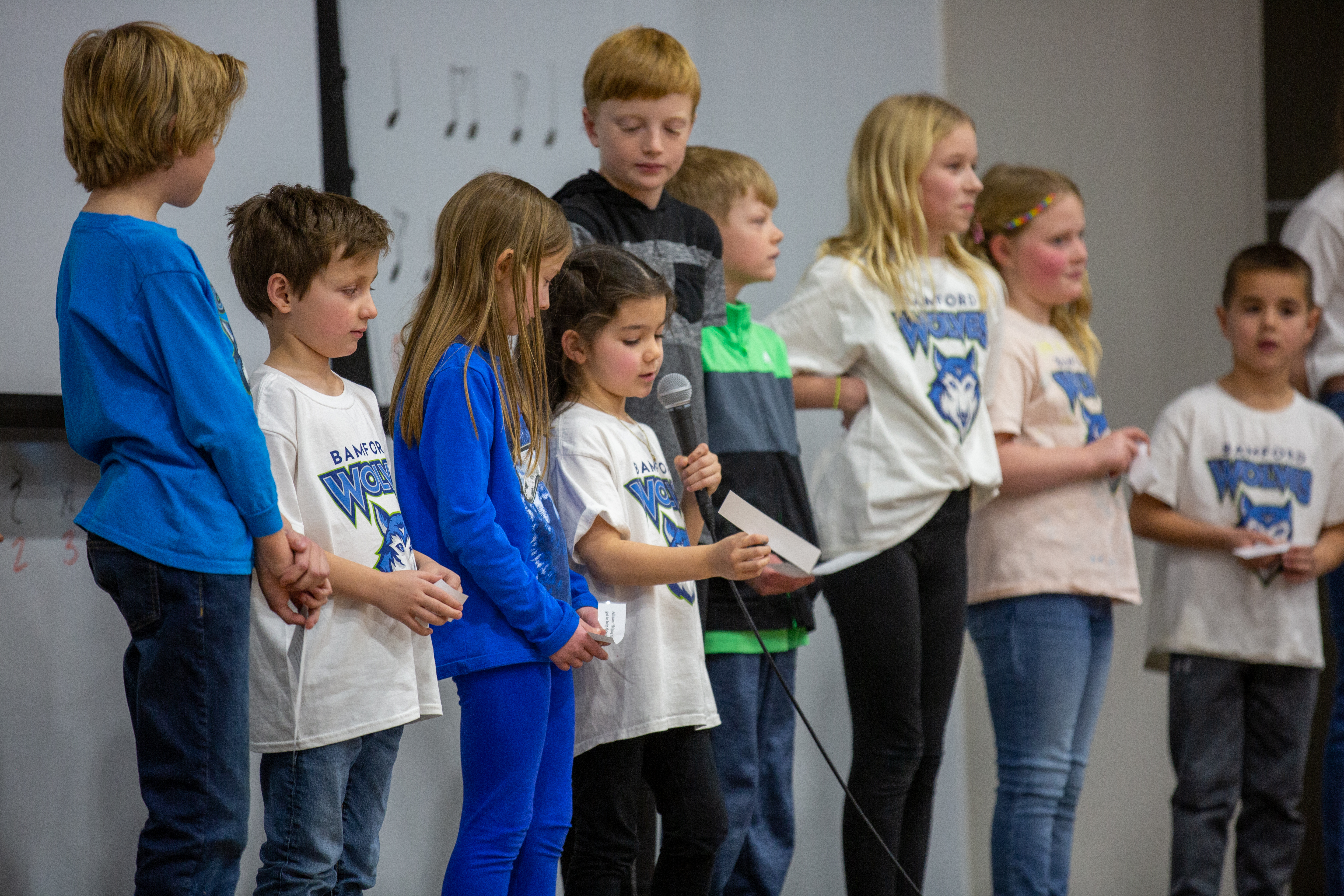 Bamford Elementary students speak at the grand opening of the Bamford Pantry.