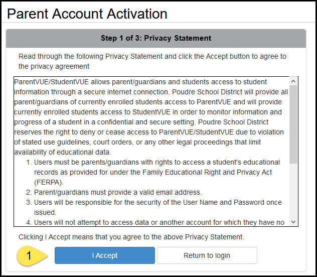 Screenshot of PParentVUE privacy statement and "I accept" button.