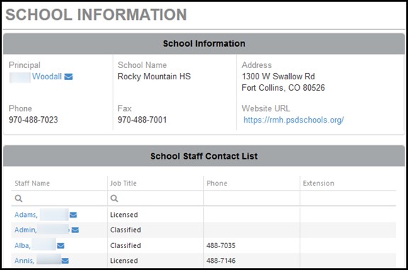 Screenshot image of School Information section on ParentVUE. 