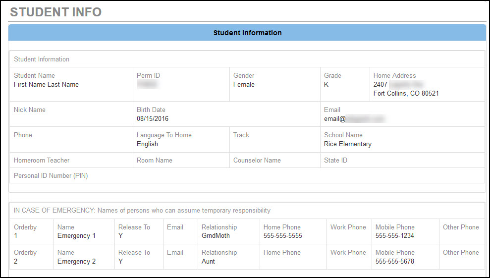 Screenshot of Student Info box in ParentVUE.