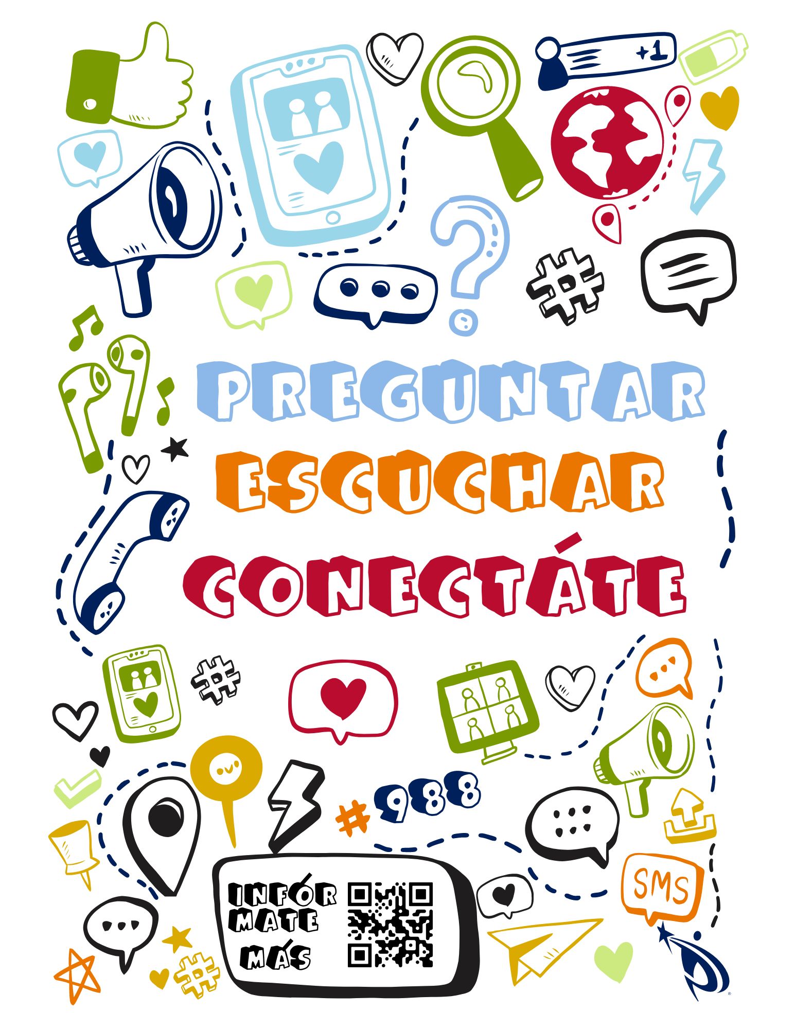 Ask, Listen Connect with graphics poster in Spanish.