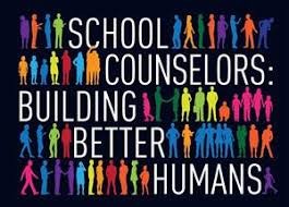 "School Counselors - Building Better Humans" text with graphics of people.