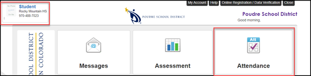 Screenshot that shows to click on "Attendance" to the right in ParentVUE.