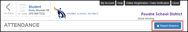Screenshot that shows the "Report Absence" button to click on in ParentVUE.