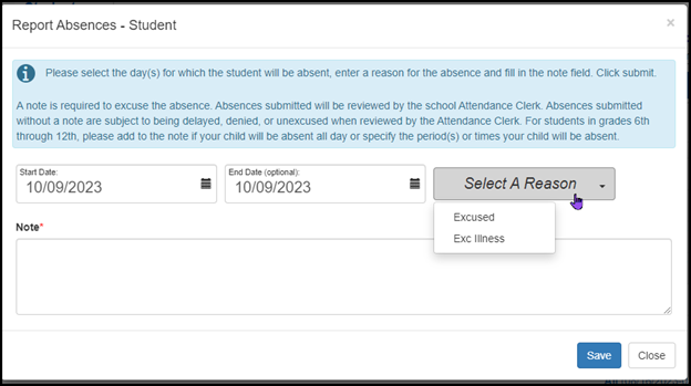Screenshot that show the "Select a Reason" for absence with "Excused" or "Exc Illness" as options to click on in ParentVUE.