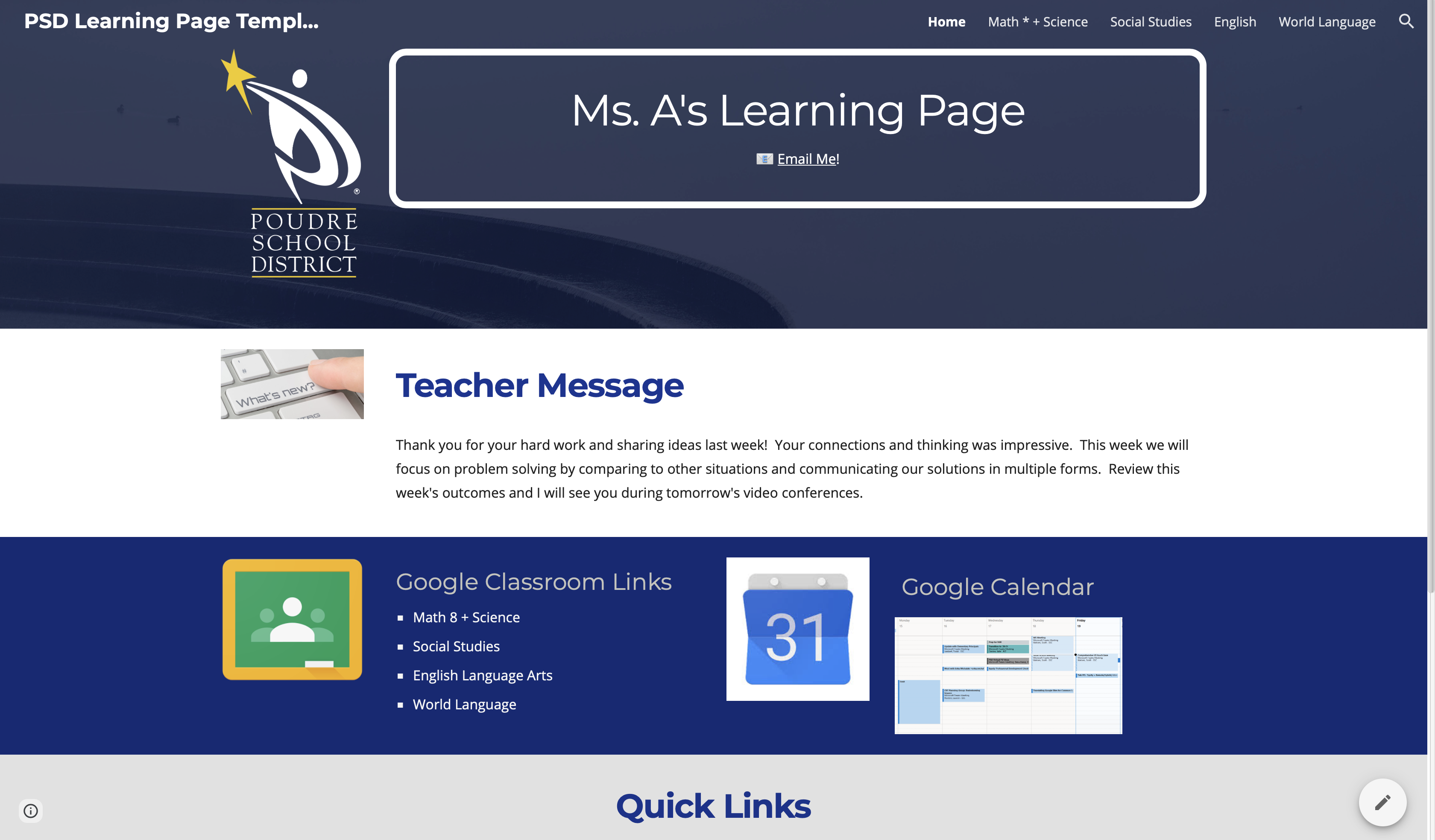 Teacher learning page screenshot showing a place for messages and links to resources.