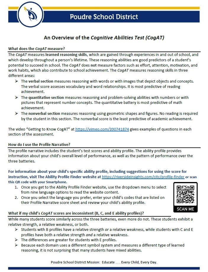 Snip of the CogAT information one pager for parents