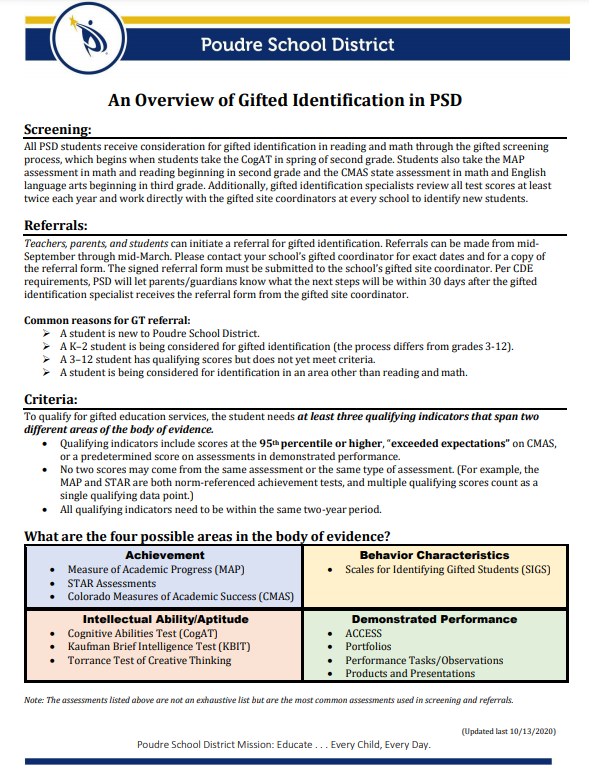 Screenshot of gifted identification one-pager