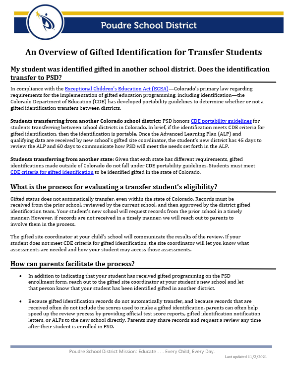 Snip of the Transfer Student one-pager for parents