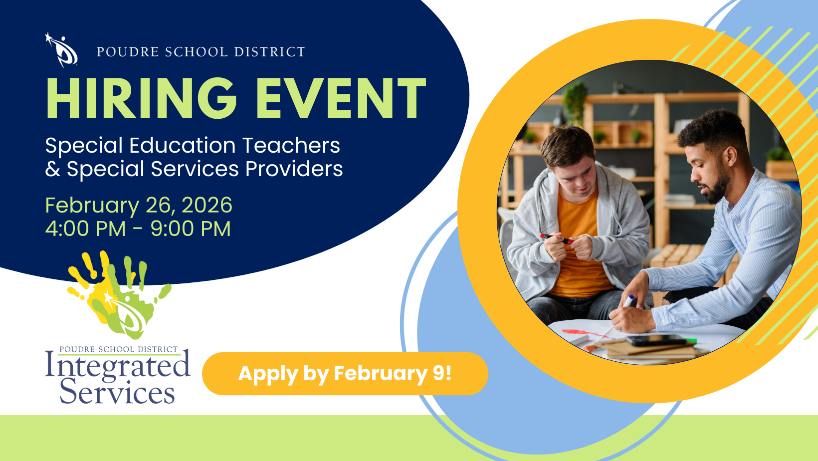 Banner for Hiring Event for Special Education Teacher and Special Services Providers on February 26, 2026 from 4 to 9 PM. Image shows two males sitting at table together.