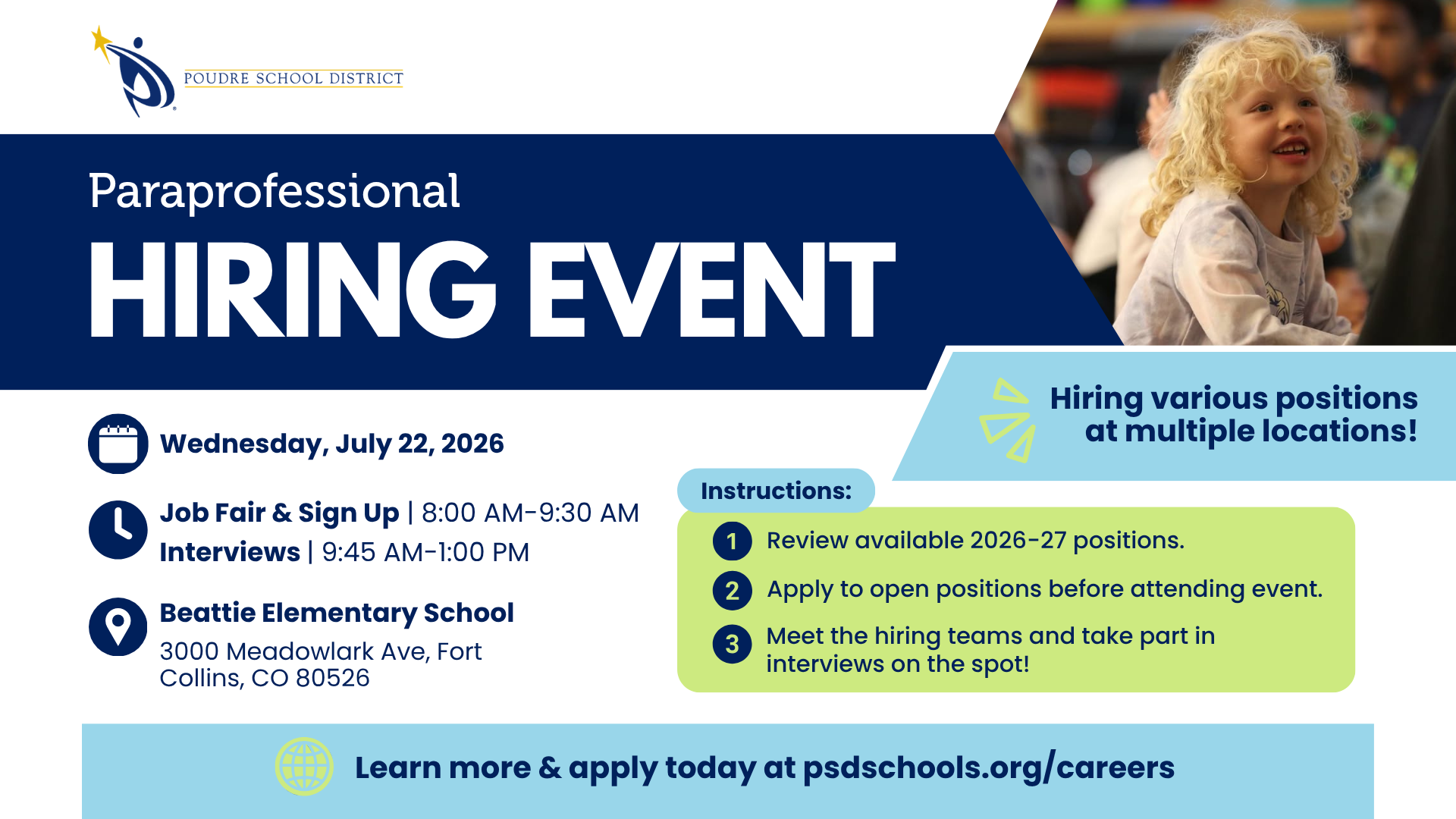 Paraprofessional Hiring Event flyer with photo of child and hiring event information