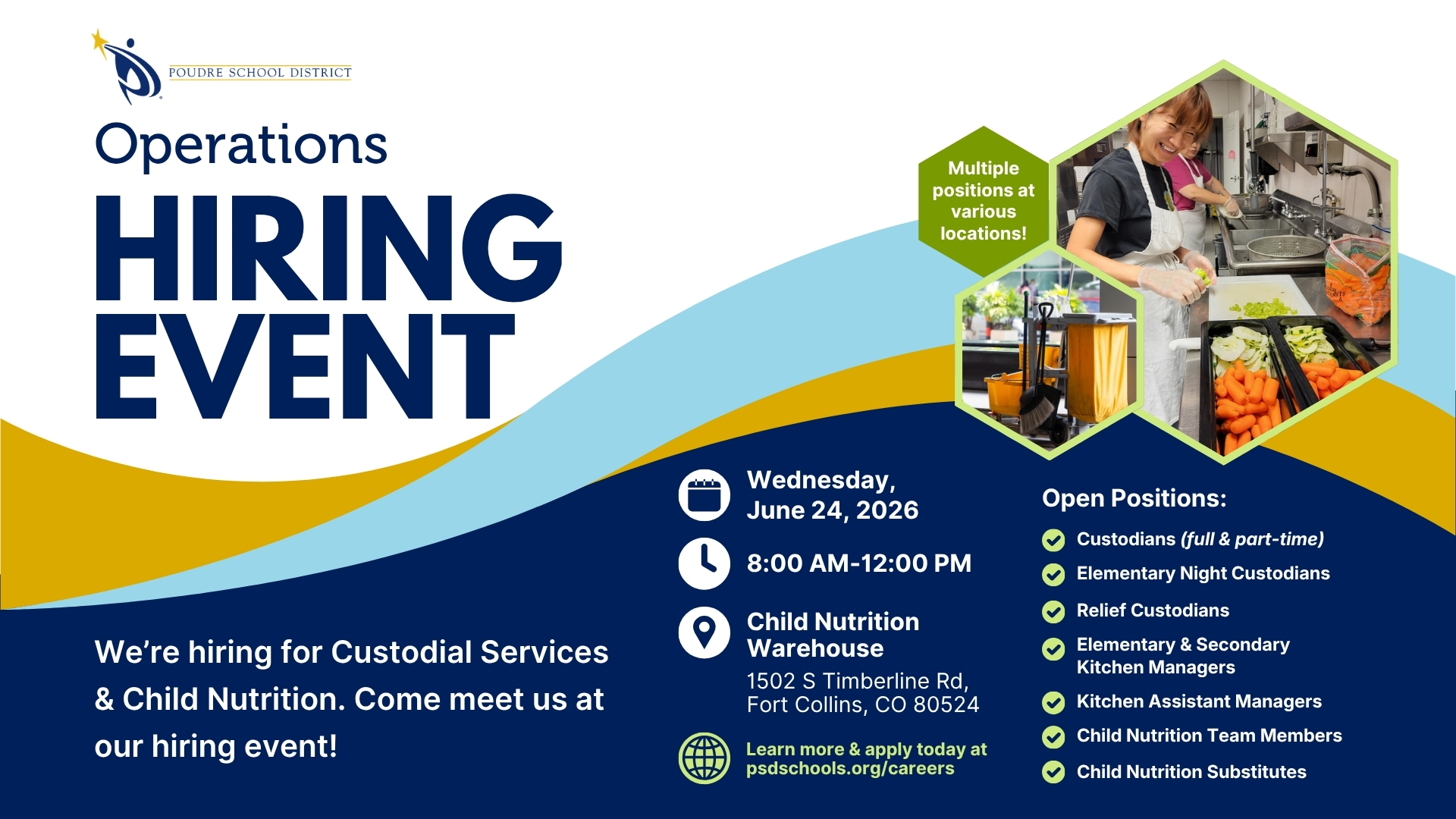 Operations Hiring Event Flyer Image with event details and picture of a child nutrition worker and custodian materials.