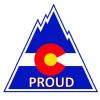 Colorado proud logo - Blue and white triangle shaped like a mountain with the "C" in the middle of it. 