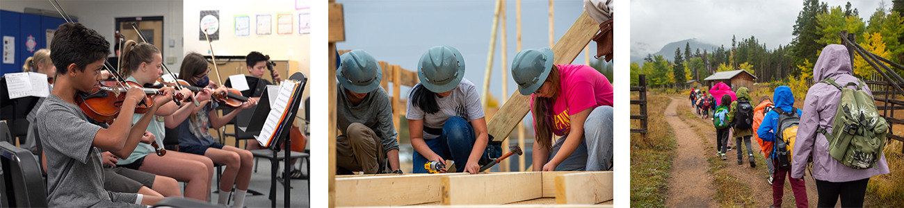 Students doing music, construction and hiking.