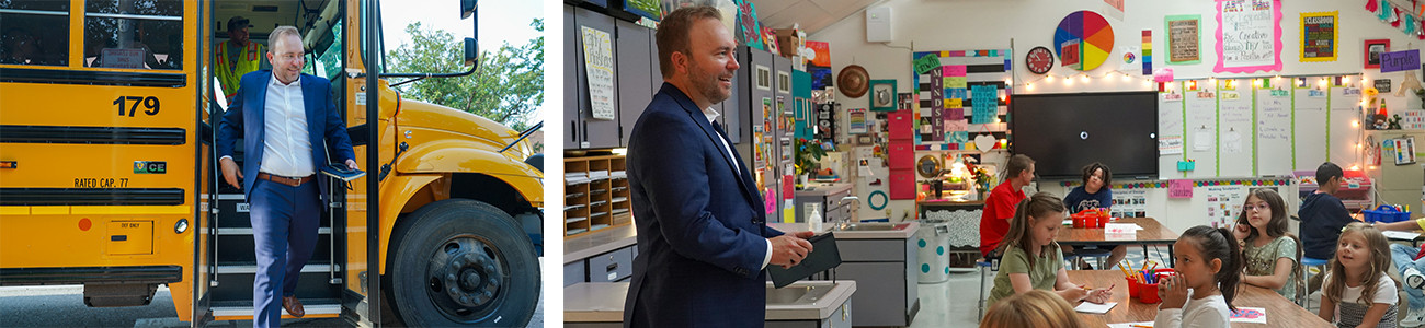 Superintendent Kingsley getting off a bus and standing in a classroom. 