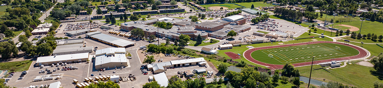 Drone Photo of Poudre High School and the Johannsen Support Services Complex.