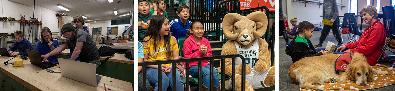Three photos: A volunteer helps at PHS in a robotics class, kids at a CSU volleyball game and a student reads to a volunteer and therapy dog. 