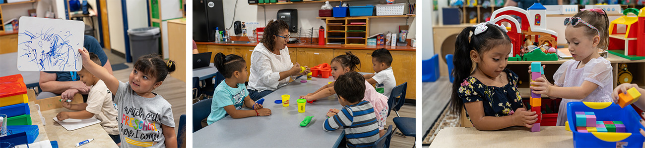 Three photos of preschoolers playing and learning in an ECE classroom. 
