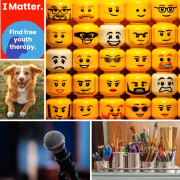 A collage of images of a microphone, LEGO minifig heads, a dog, and art supplies.
