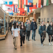 Students walking during a high school passing period. 